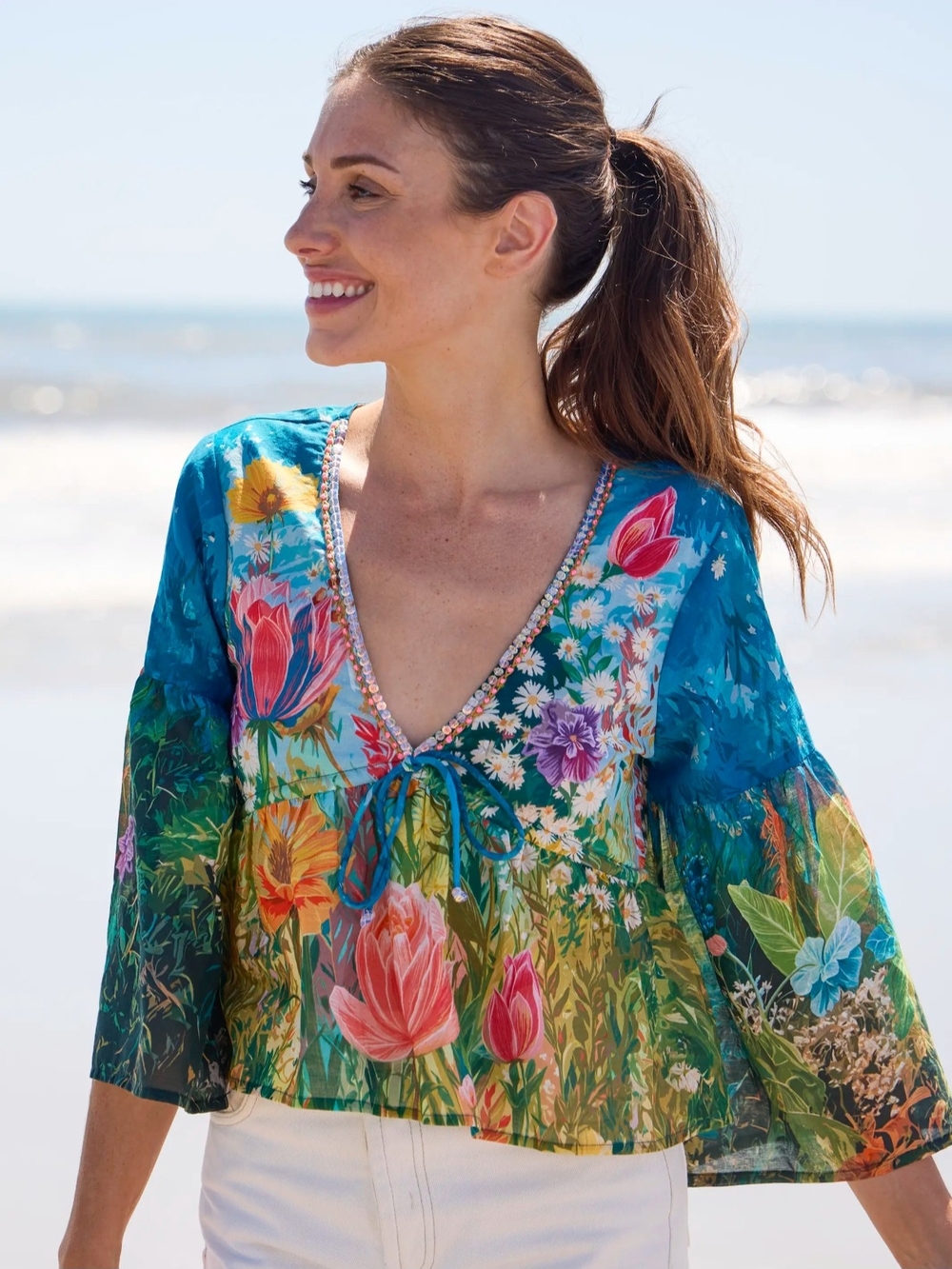 NATURAL LIFE Teal Multi Floral V-Neck Crop Top - Picture 2 of 3